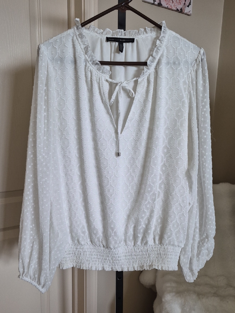 White House Black Market White Swiss Dot Eyelet Peasant Blouse Size XL